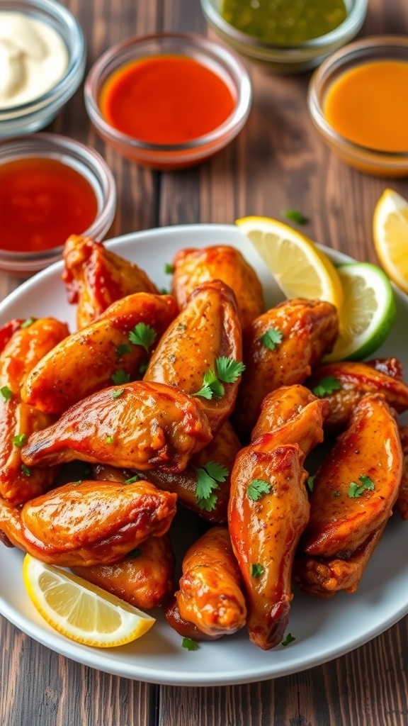 Crispy air fryer lemon pepper chicken wings on a plate with fresh parsley and lemon wedges.